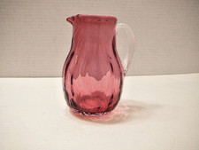 Glass Pitcher Cranberry Optic Rib  Ribbed Glass Clear Applied Handle Hand Blown picture