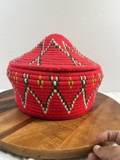 Vintage Handmade Coiled Weave Ethiopian Basket W/Lid Red white  Gold Decor picture
