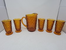 Set of 6 Vintage INDIANA GLASS Amber Whitehall 5 Footed Glasses 1 Cubist Pitcher picture