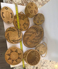 Lot of 9 Native American coiled baskets, bowls, lidded storage vessels picture