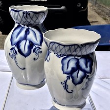 Rare Vtg Russian (USSR) Soviet Antq DULEVO Dapko Blue Floral Porcelain Vase Set picture