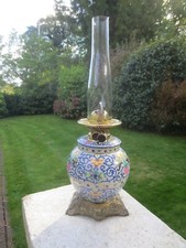 ANTIQUE WRIGHT & BUTLER CERAMIC POTTERY TABLE  DUPLEX OIL LAMP WITH CHIMNEY picture