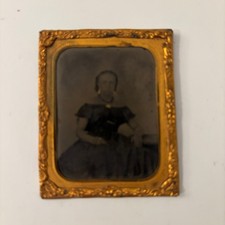 VTG 1/9 Plate Tintype Photo Seated Victorian Woman Embossed Brass Mat Preserver picture