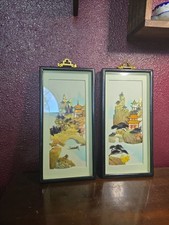 VTG Pair Framed 3D Chinese Shell Art Mother Of Pearl Shadowbox Landscape Pagodas picture