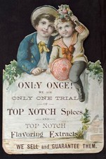 TOP NOTCH SPICES DIE CUT TWO SIDES COLOR TRADE CARD~CHILDREN CLIMB OVER FENCE picture