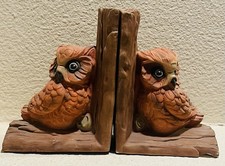 Vintage 1970s Owl Bookends Rustic Mic Century Faux Wood Woodlands 5.75
