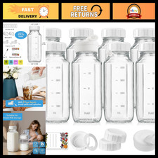 8 Pack 16 Oz Glass Milk Bottles with Lids, Pour Spouts & Extra Lids - Reusable S picture