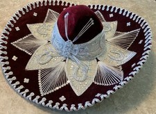 Vintage Pigalle 7X Mexican Sombrero Hat Burgundy Maroon Velvet Silver Mariachi picture