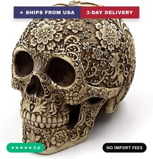 Creative Skull Flowers Sculpture 8.1'' Human Head Skeleton Statue Collectible Ha picture