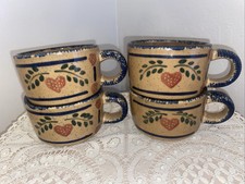 4 Vtg Stoneware Soup Beverage Mugs Cups Sponge Painted Country Primitive Cottage picture