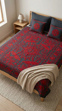 Handmade Uzbek Suzani Bedspread Black Red Floral Embroidery Boho Coverlet Throw picture