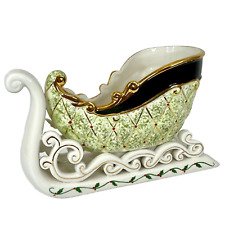 Christmas Sleigh Ceramic Green Gold White and Black with Holly Flowers Holiday picture
