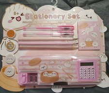 Kawaii Dumpling Stationery Set Calculator Pencil Case Pens Notepad Pink NEW picture