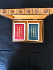 Vintage KEM Florence Plastic Playing Cards 2 Deck Set w/ Wood Box Fleur De Lis picture