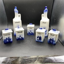Antique French Kitchen Spice Canisters Blue Delft Oil & Vinegar With Shelf picture