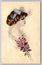 Vintage 1910 Art Nouveau Woman with Roses Postcard by Schlesinger Bros picture