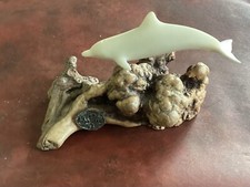 Vintage John Perry White Dolphins Porpoises Sculpture On Burl Wood 5-3/4” Wide picture