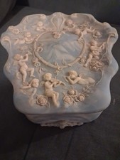 Large vintage Incolay stone jewelry box Insert Velvet Lined Cherubs Roses Heart picture