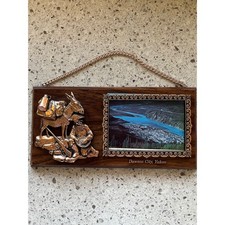 Dawson City Yukon Souvenir Plaque Copper Prospector Mule Wood Wall Art picture