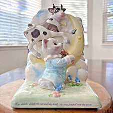 Vtg 90s Ceramic Hey Diddle Nursery Bookend – Cow Cat Birds Moon Figurine picture