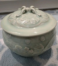Vintage Chinese Longquan  Celadon Covered Hibiscus Jar 6” H x 7 1/2” W picture