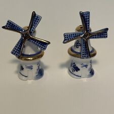 Dutch Windmills Salt & Pepper Shakers Spinning Wheels Vintage Blue White & Gold picture
