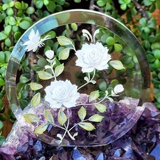 Vintage Etched Lucite Flowers Round Edged Paperweight picture