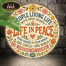 Imagine All The People Sign Inspirational Retro Peace Round Metal Plaque 8x8 picture