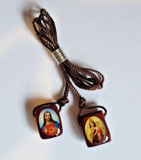 2 x Wood Catholic Brown Scapular, Medal of Jesus/Our Lady of Mt. Carmel picture