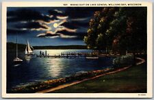 Vtg Williams Bay Wisconsin WI Moonlight On Lake Geneva Night View 1930s Postcard picture