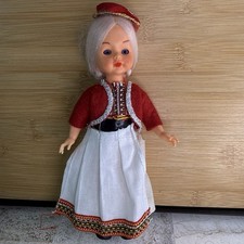 Vintage Hungarian Folk Costume Souvenir Doll Red Hat White Skirt 7” Eyes Move picture