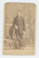 Antique CDV Circa 1870s Handsome Young Man in Suit With Hat Gloversville, NY picture