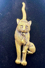 Vintage JJ Signed Jonette Jewelry Pewter Cat Carrying Kitten Dangle Brooch Pin picture