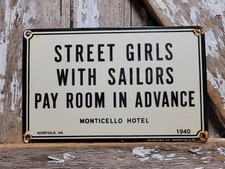 VINTAGE 1940 MONTICELLO HOTEL PORCELAIN SIGN RARE OLD BROTEL STREET GIRL SAILOR picture