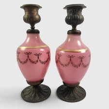 Antique French Pink Opaline Glass Candlesticks Pair Painted Garland Gilt picture