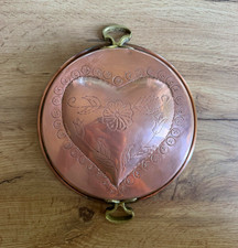 Vintage Copper Mold Pan 10” Embossed Heart Floral Brass Handles Folk Art Decor picture