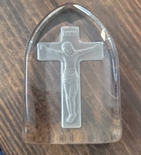 Religious Paperweight Jesus Christ on Cross Czech Republic Hand Made Cut Glass picture