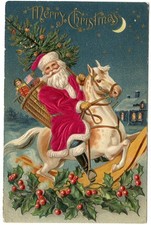 Patriotic~SILK~Santa Claus on Horse ~Toys~Flag~ Antiique~Christmas Postcard~r287 picture