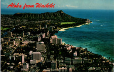 Vintage Aloha from Waikiki Beach Hawaii Diamond Head Aerial View Postcard picture