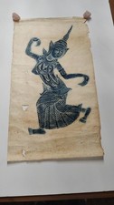 Vintage Thai Temple Rubbing On Rice Paper Celestial Figure In Blue Pigment  picture