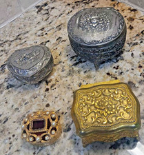 VTG Lot 4 Gold & Silver Tone Floral Ornate Japan Trinket Jewelry Boxes Florenza picture