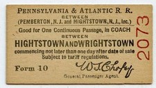 Hightstown Wrightstown New Jersey Pennsylvania & Atlantic Railroad 1915 Ticket picture