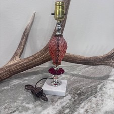 Vintage Hollywood Regency Pink Ruby Red Glass Table Lamp White Marble Base 12in picture