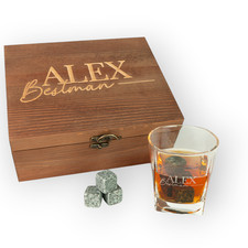 Personalised Whiskey Glass Set with Wooden Box, Ice Cubes, Bag and Tongs Gift picture