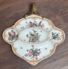 Vtg Wong Lee Early 20th Decorative Porcelain Dish Bronze Handle Birds Floral picture