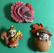 (3) VINTAGE 1 1/2” AUTUMN FALL PIN LOT-TURKEY SQUIRREL MOUSE PREOWNED-LOT 107 picture