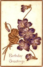 Vintage 1910 Embossed Birthday Greetings Postcard Purple Flowers picture