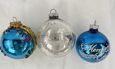 Shiny Brite Silver Blue Sequin Glass Christmas Ornaments Lot 3 USA Vintage picture