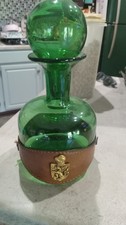 MURANO GREEN EMPOLI BOTTLE + Stopper GLASS LEATHER ITALY VINTAGE GIO PONTI picture
