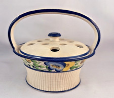 Rare 1800's Caneware Creamware Potpourri Basket/Violet Pot Hand Painted Posies picture